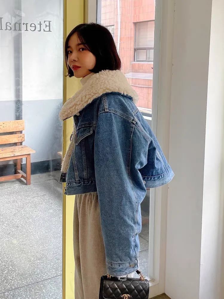 

Denim Coat Ggirls Fur Plush Womens Fall Regular-Fit French Chic Urban Social Gathering Anti-Wrinkle Drawstring Quilted Fluffy OL