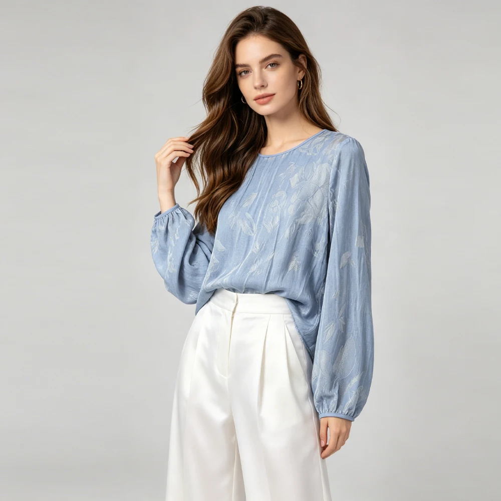 Women's Fashion Autumn Clothing Simple 50% Natural Mulberry Silk Gold Thread Velvet Round Neck Long Sleeved Loose Blue T-shirt