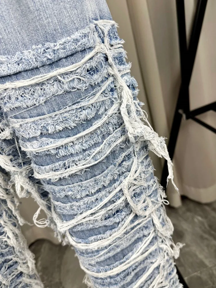 High Street Mens Hole Ripped Baggy Pants Tassels Long Jeans Autumn New Hip Hop Stage Show Denim Pants Straight Vintage Trousers