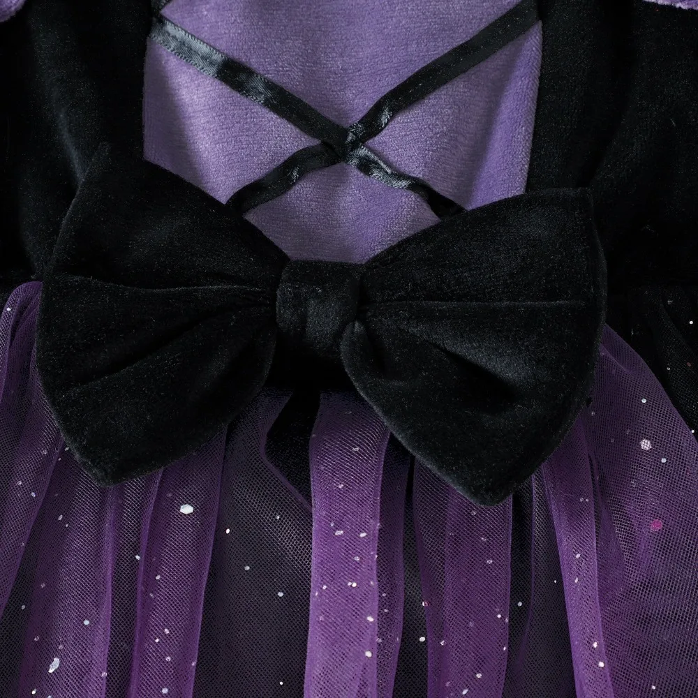 Girls Witch Halloween Costume 2Pcs Set, Sleeveless Sparkly Tulle Dress with Purple Hooded Cloak, Halloween Costume for Kids - view 5