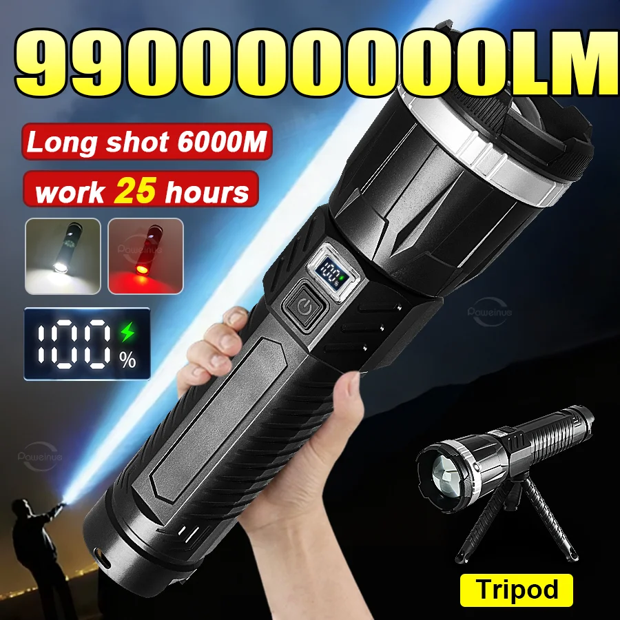 2026 White Laser Most Powerful Flashlights Super Bright  High Power Rechargeable LED Camping Fishing Lantren Long Range Torch