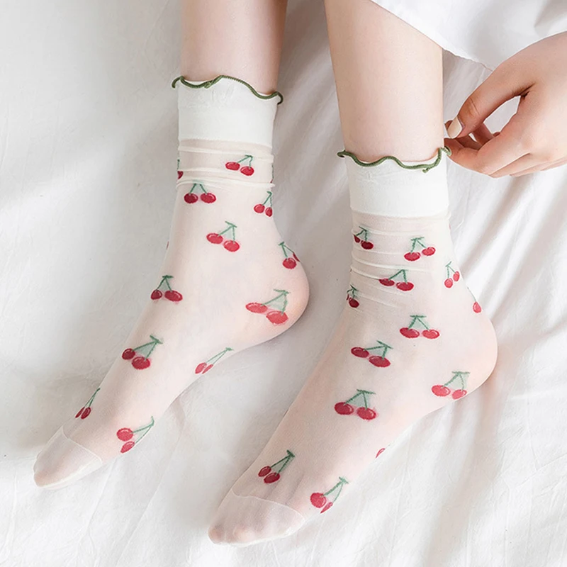 Woman's Tulle Socks Summer Transparent Fruits Floral Funny Cute Lolita Socks Silk Ultra-Thin Trendy Mesh Low Ankle Short Socks