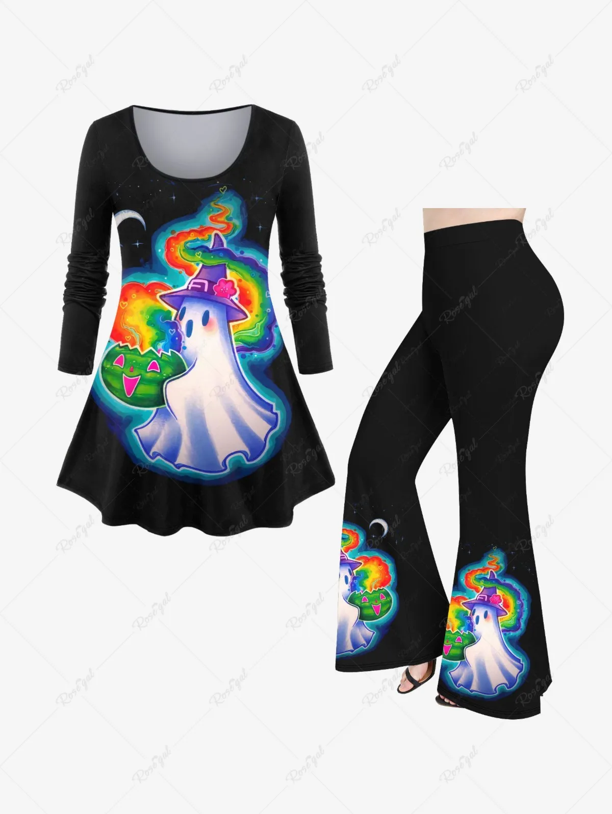 3D Print Flare Pants or T-shirt  Ladies Casual Matching Set Plaid Ghost  Rainbow Moon  Pumpkin Flame Skulls Print Suit