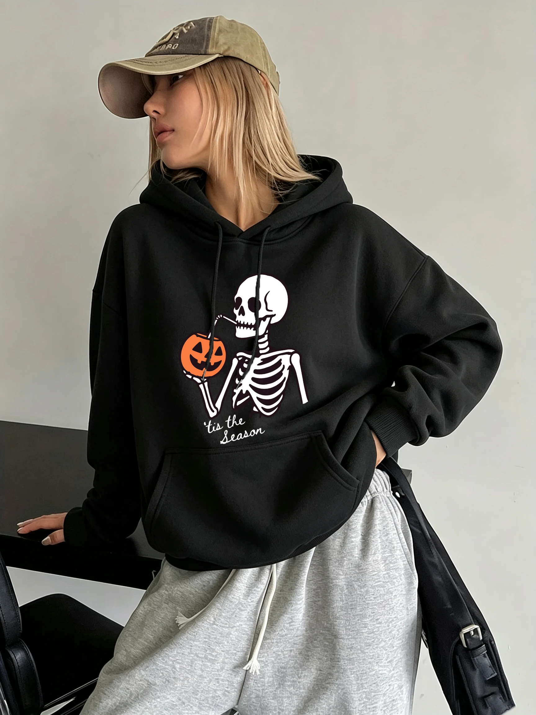 Halloween Skeleton Sip Pattern Women'S Hoodie Pocket Loose Y2K Streetwear Autumn Fleece Hoody Female Casual Running Pullovers