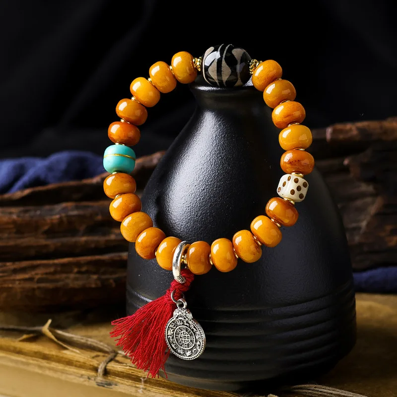 Tibetan-style bone abacus bead with double tiger tooth Dzi beads, original cultural artifact nine palace dice bracelet