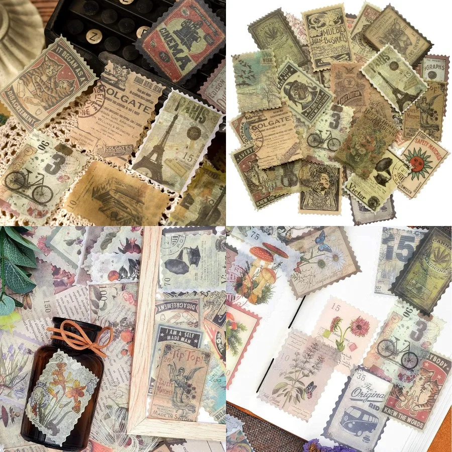 

60pcs Vintage Postage Stamp Stickers Aesthetic Modern Deco Paper Sticker for Scrapbooking Journaling Supplies Planners Kid DIY