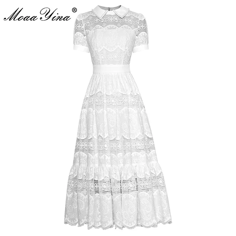 MoaaYina Fashion Designer Summer White Dress Women's Turn-down Collar Beading Hollow out Embroidery Vintage Party Midi Dress