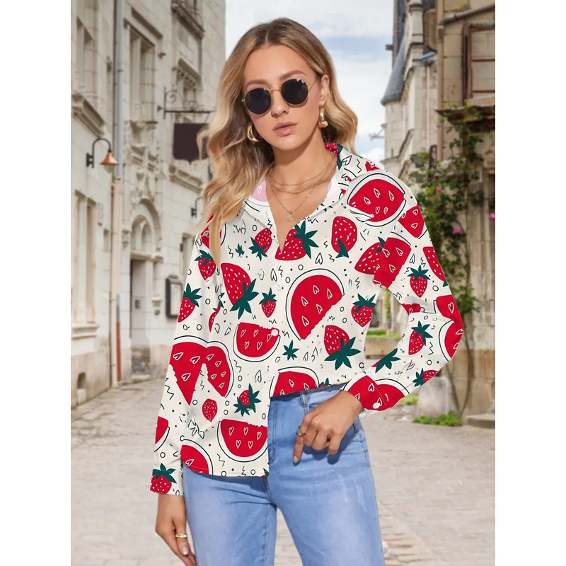 New Women's Casual Long-Sleeve Shirt with All-Over Red Strawberry Slice Print, Fresh and Playful, Versatile for Holiday Parties,