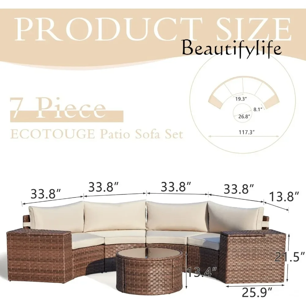 dY BJ 7-piece All-weather PE Willow Half Moon Terrace Sofa Set, Including Tempered Glass Round Table, Cushion Sofa Set
