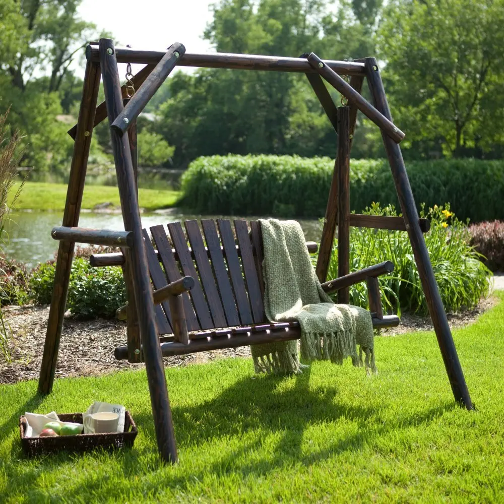 Rustic Torched Log Curved Back Porch Swing & A-Frame Set, Customized