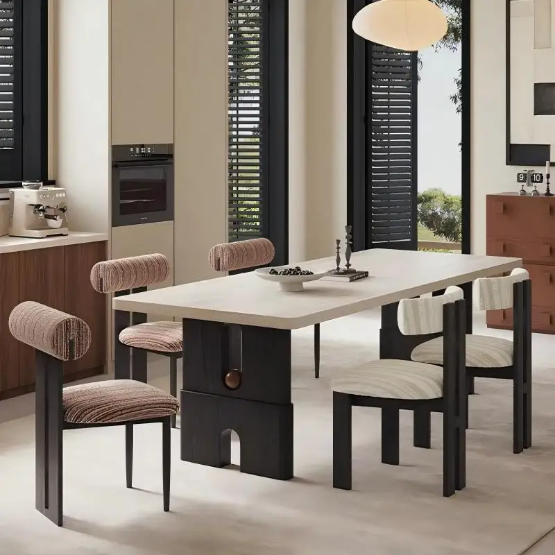 Travertine rock slab dining table and chair combination household small apartment simple rectangular dining table