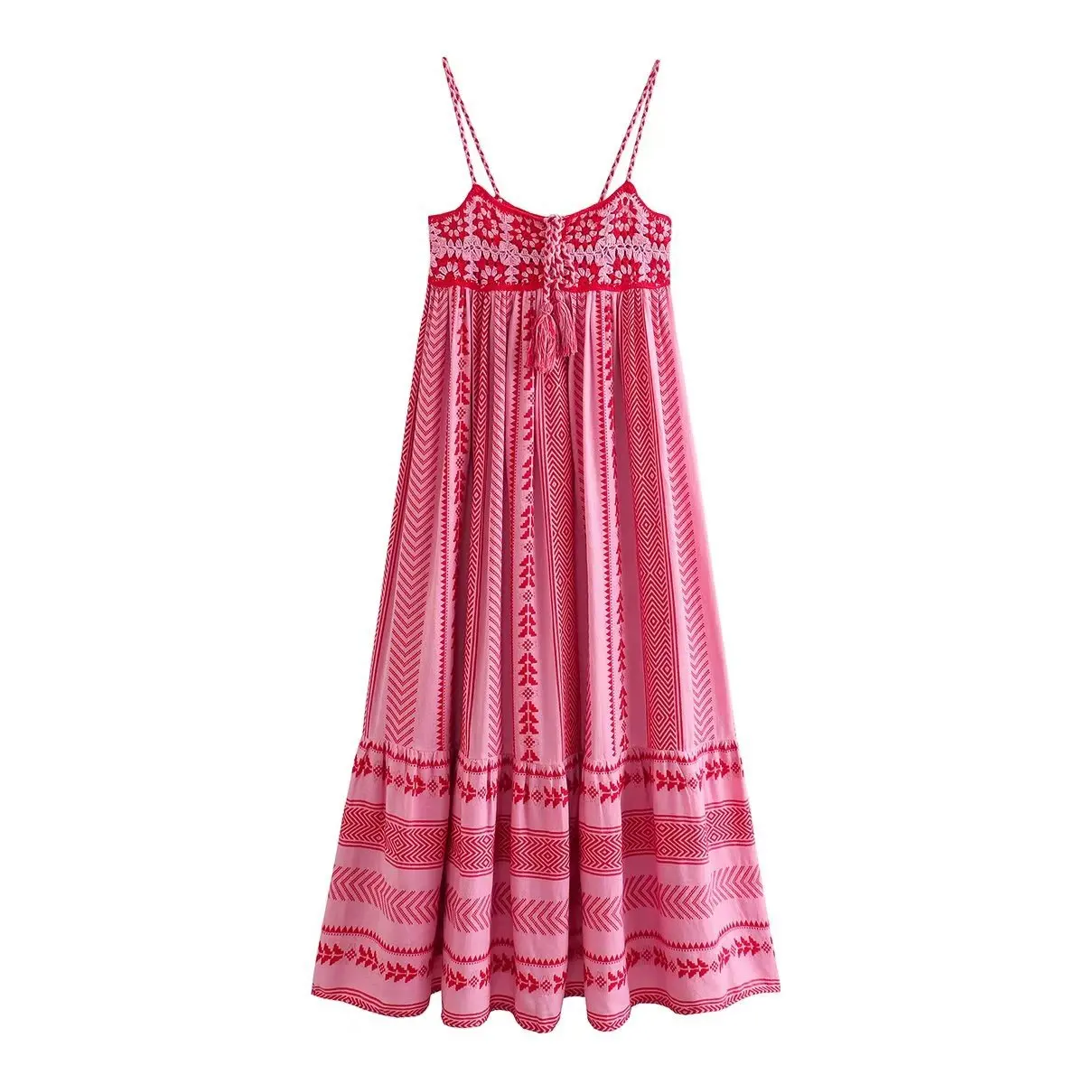 Bohemian Print Spaghetti Strap Lange Kleider Frauen Bestickt Ärmelloses Rückenfreies Kleid Sommer Lose Spitze-Up Slip Strand Vestidos