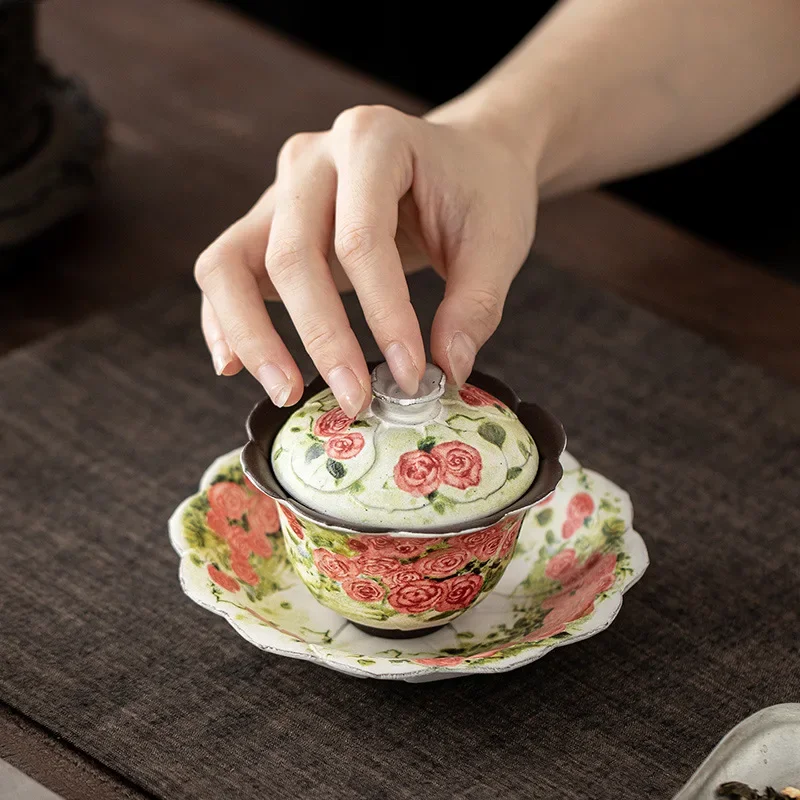 Rose Flower Language Lace Pot Bearing Chinese Retro Oil Painting Air Dry Bubble Tray Heat Insulation Pad Ceramic Tea Point Tray
