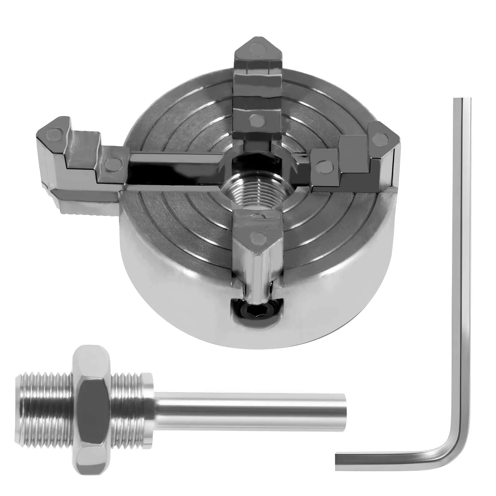 4 Jaw Wood Lathe Chuck 48mm Zinc Alloy Self-Centering M12x1 Thread Precision Turning Tool with Key & Rod for Woodturning