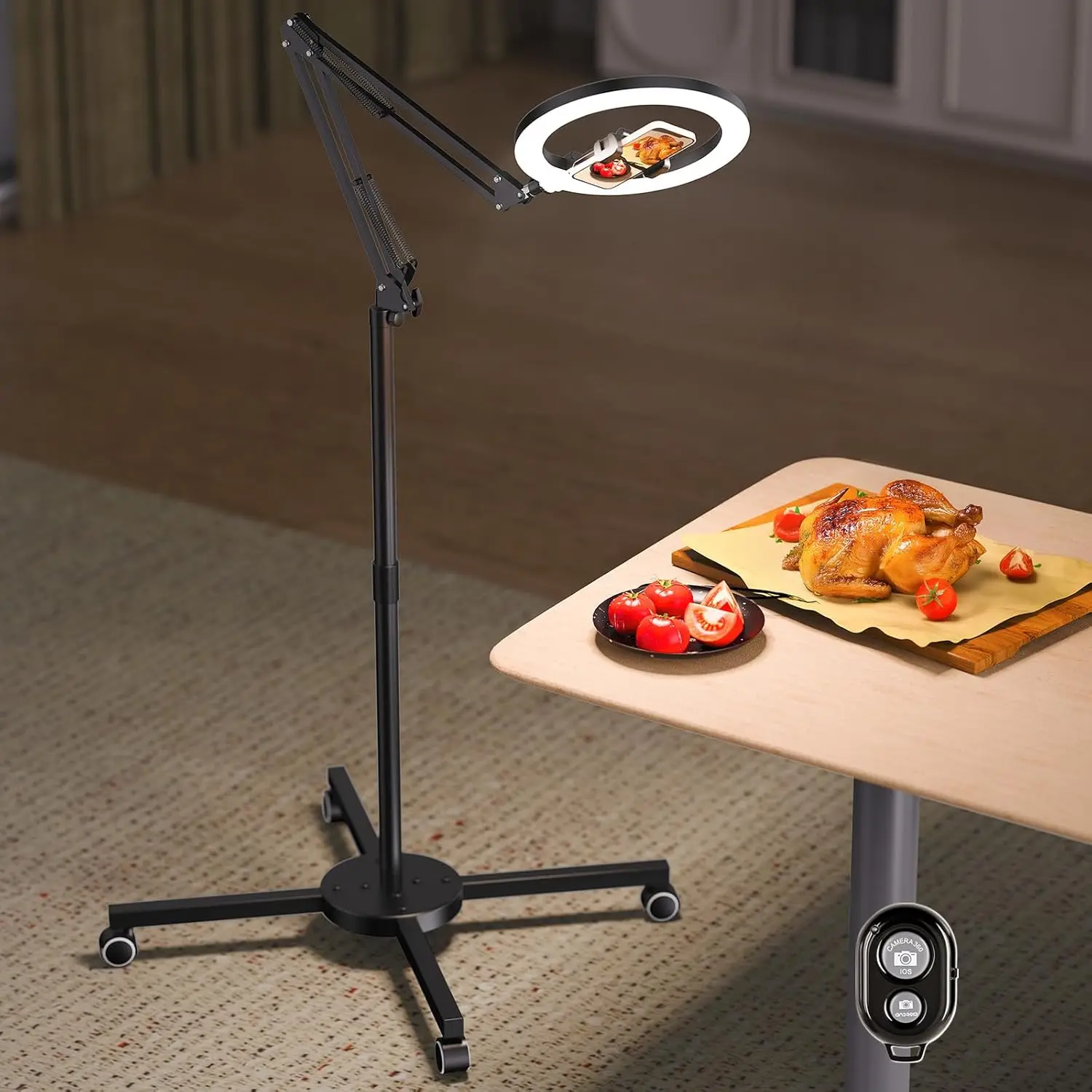 

Ring Light Tripod for iPhone Overhead Camera Mount, Ring Light with Stand and Phone Holder with Casters & Flexible Ar