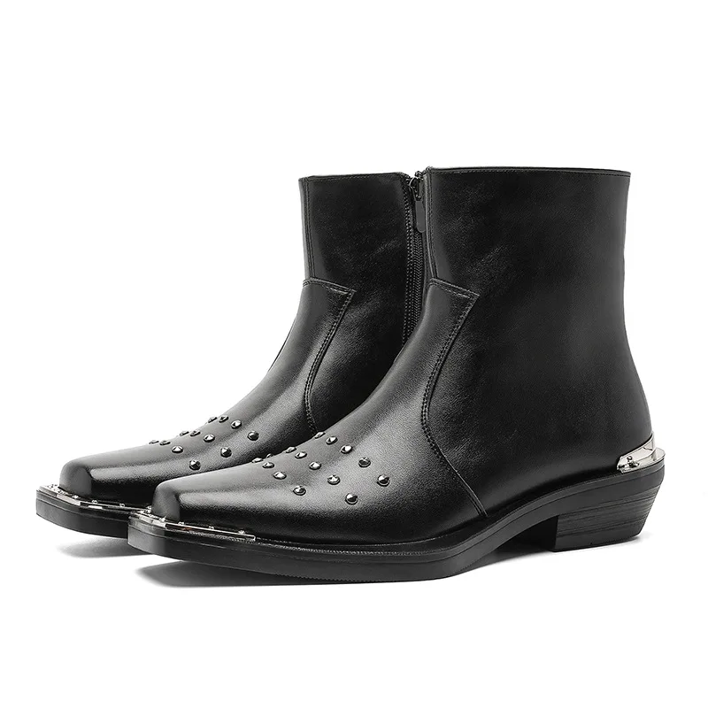

2026 trendy square-headed high-heeled men's punk high-top iron-headed zipper casual Chelsea boots