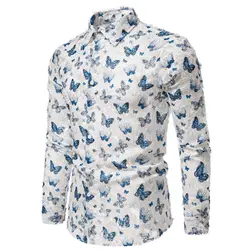 2025 New Fashion All-match Butterfly Print Men's Long Sleeve Shirt Casual Party Street Hawaiian Polo Collar Shirt Polyester