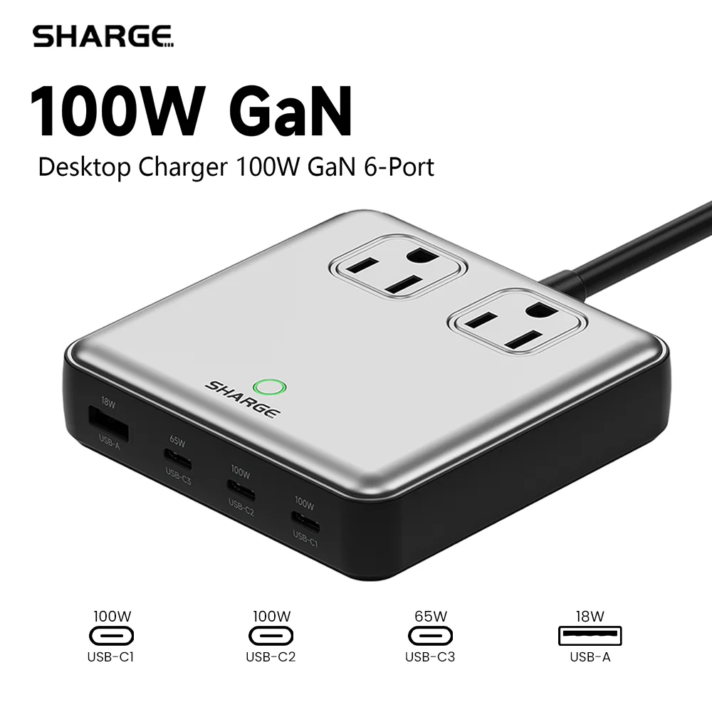 

SHARGE 100W USB Charger 6 Ports GaN Desktop Charging Station Extension Cord 5ft for MacBook iPhone 15