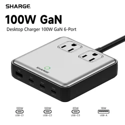 SHARGE 100W USB Charger 6 Ports GaN Desktop Charging Station Extension Cord 5ft for MacBook iPhone 15