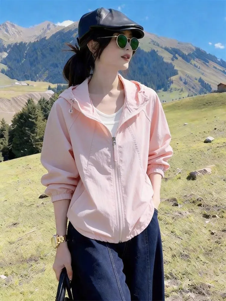 Casual Lightweight Ice Feeling Anti-Uv Clothing Women's Summer Hat Sun Protection Clothes Thin Long Sleeve Zipper Closure