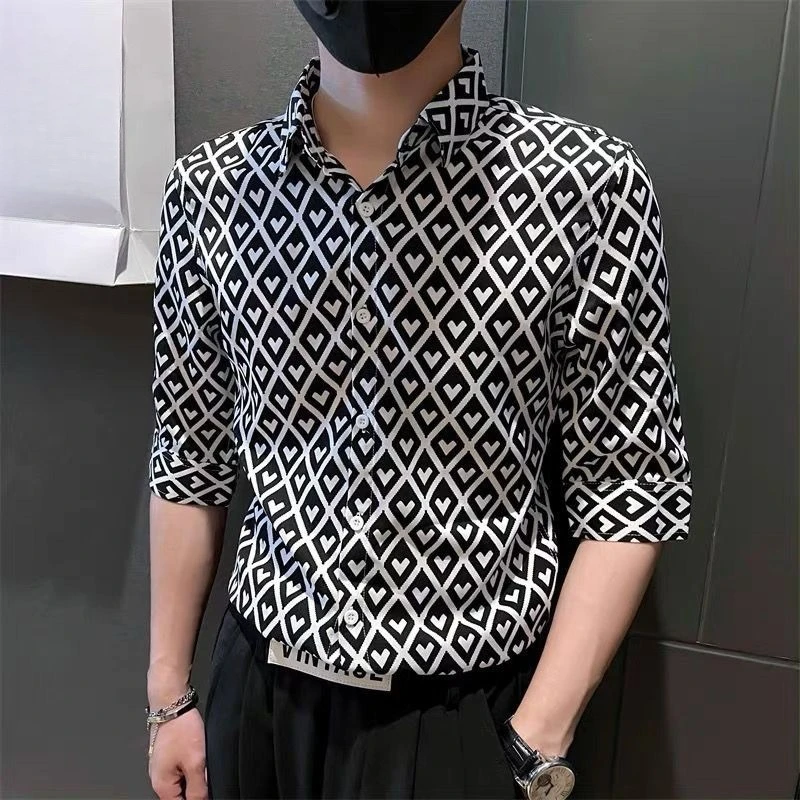 Men's Green Short Sleeve Shirt Summer Heart Print Slim Fit Casual Button Down Shirts Hip Hop Streetwear