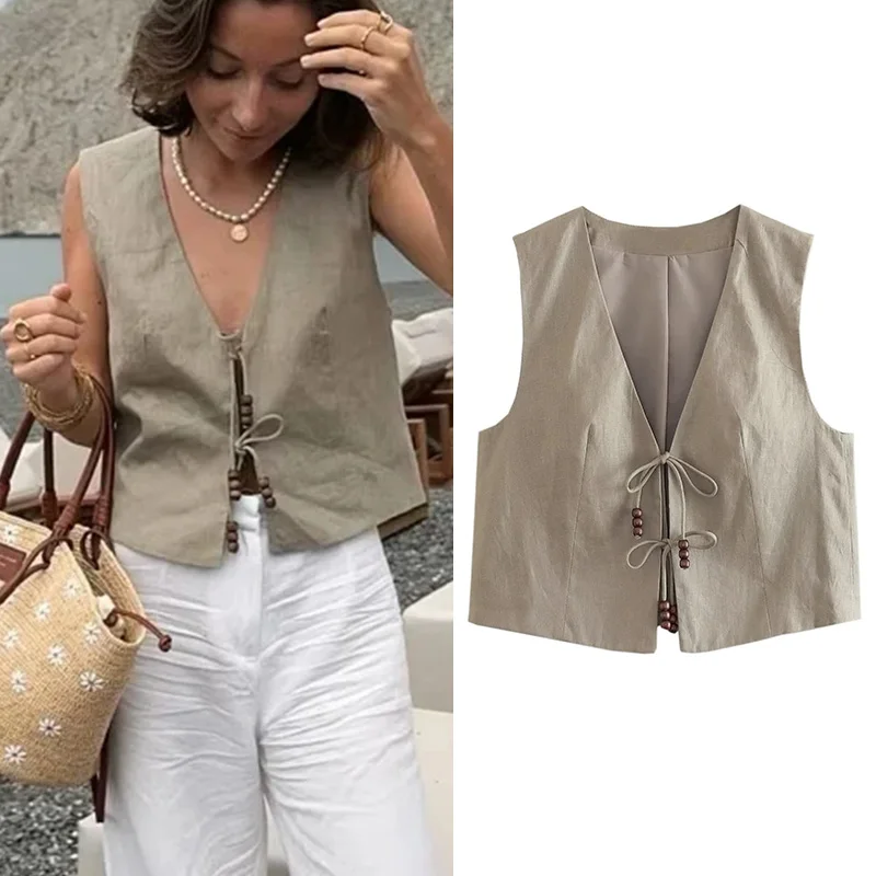 TRAF Beading Sleeveless Vest Woman V Neck Black Cropped Vest Women Jacket Tied Short Coats Waistcoat Women's Fashion Vests 2024