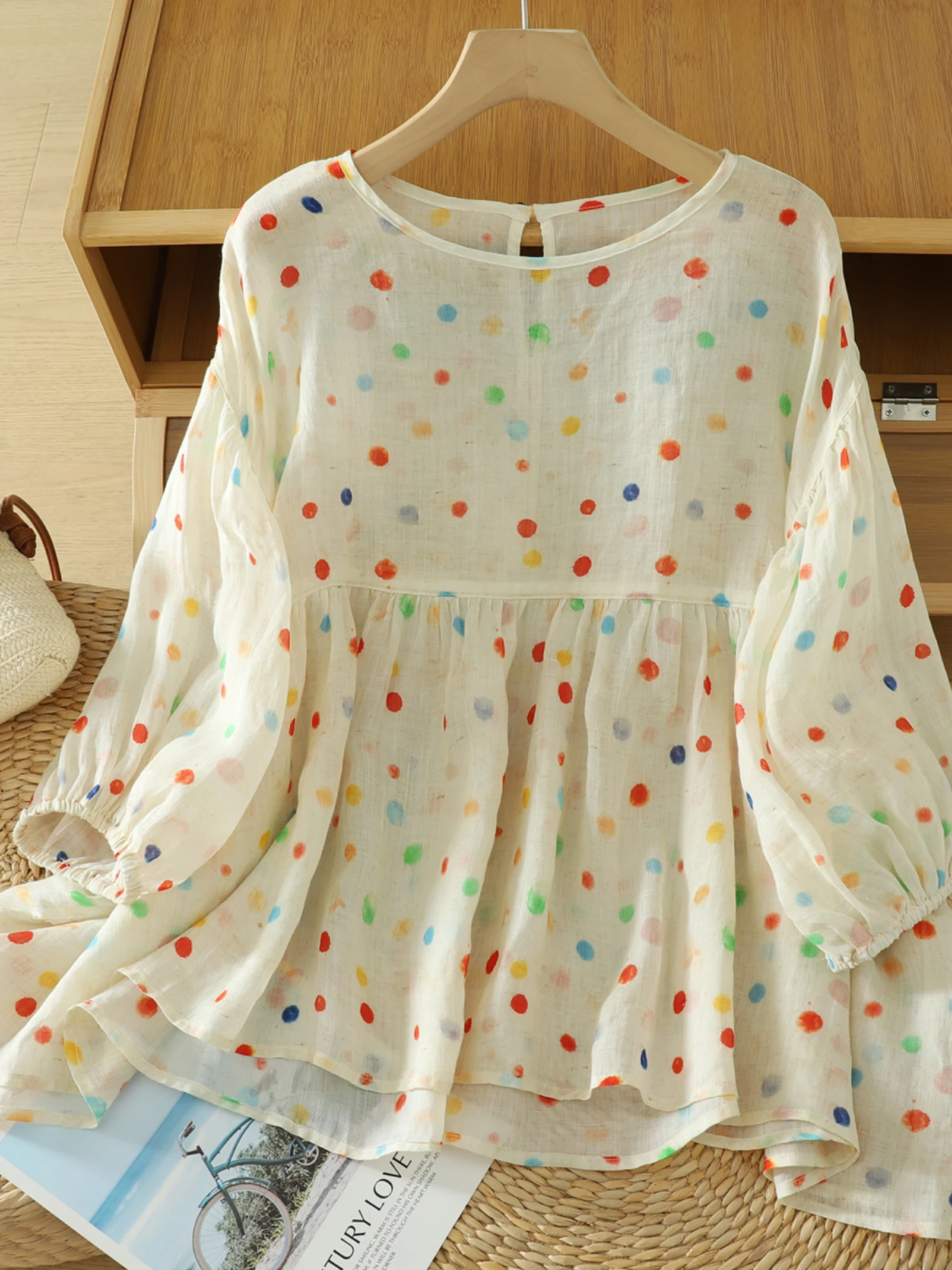 Polka Dot Cotton Linen ort Sve irt Women Summer Sweet Youth Loose Belly Covering Slimming Linen Top