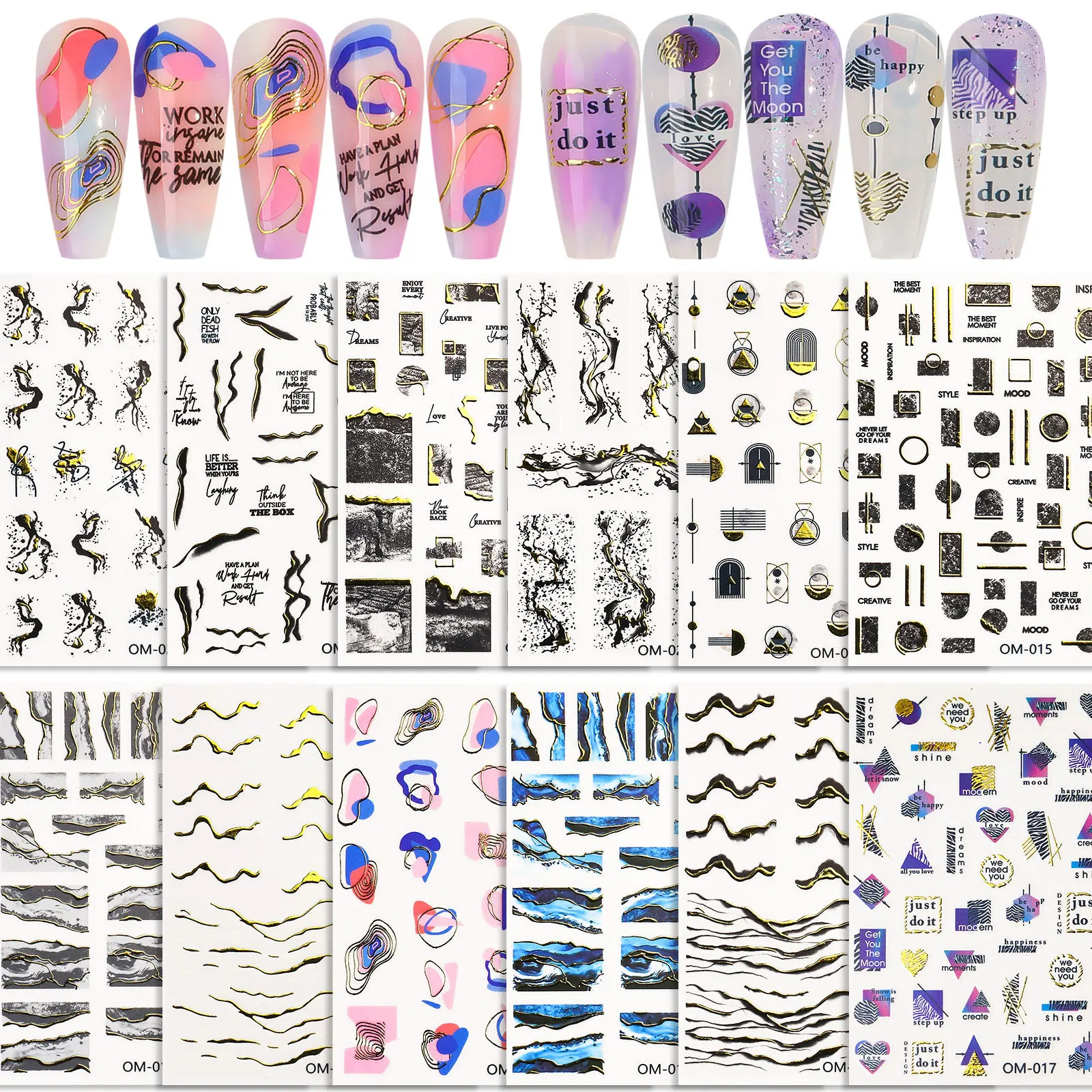 12 Sheets Unique Stamp Marble Texture Letter Abstract Irregular Wave Line Adhesive Nail Art Stickers Decals Manicure Ornaments