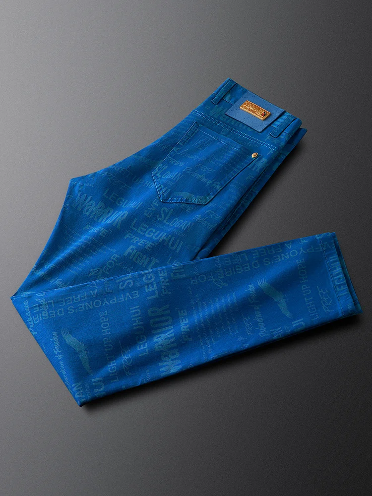

Faionable Printed Elastic Men's Jeans Lightweight Luxury Spring Bright Blue High Quali Embroidered Slim Fit Casu...