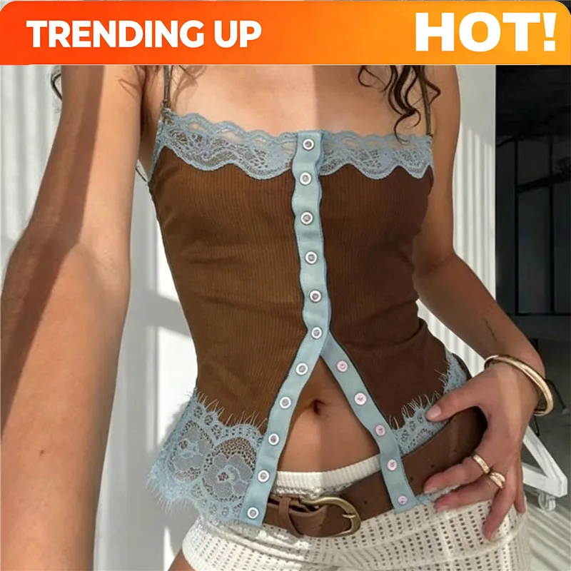 Women's Summer Slim Camisole Button Up Front Tank Top with Lace Trim Spaghetti Strap V-Neck Sleeveless T-Shirt Y2K Streetwear