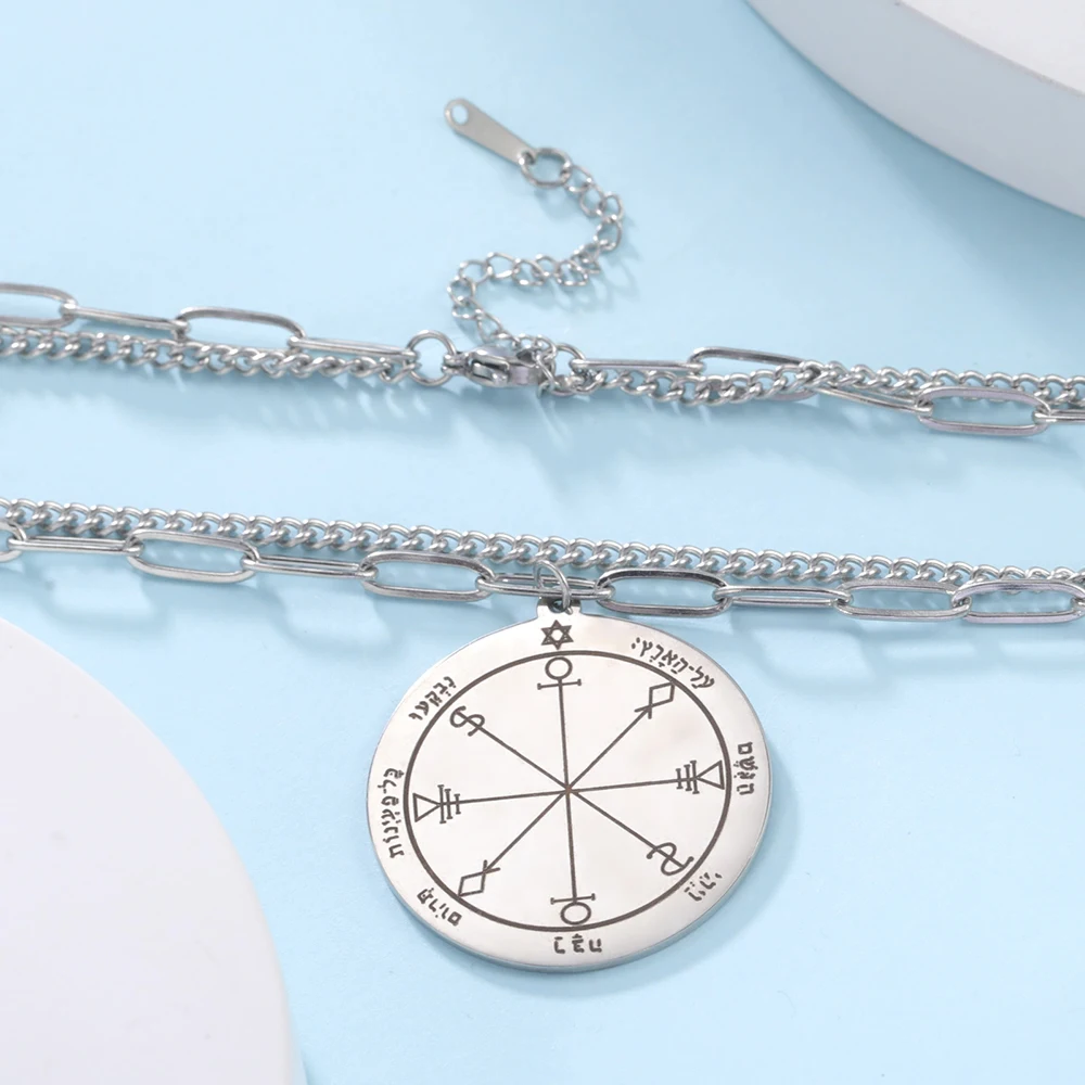 Dawapara Key of Solomon Seal Pendant Necklace for Women Double Layer Chain Stainless Steel Pentacle Talisman Religious Jewelry
