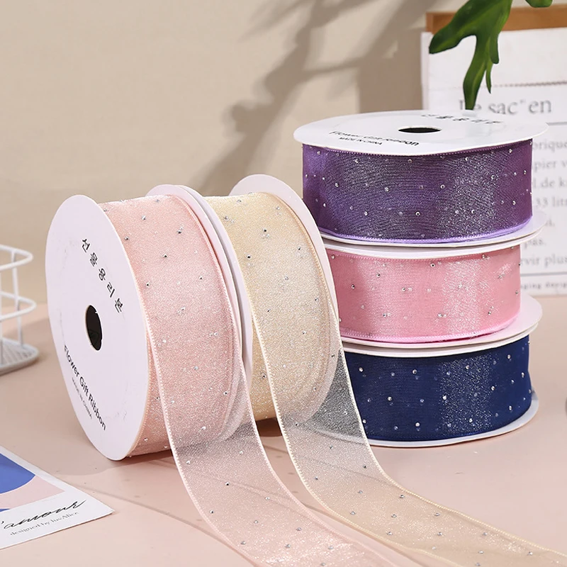 9 Meters 4CM Silver Dots Gauze Packaging Ribbon Flower Gift Box Wrap Bow DIY Wedding Christmas Party Decoration