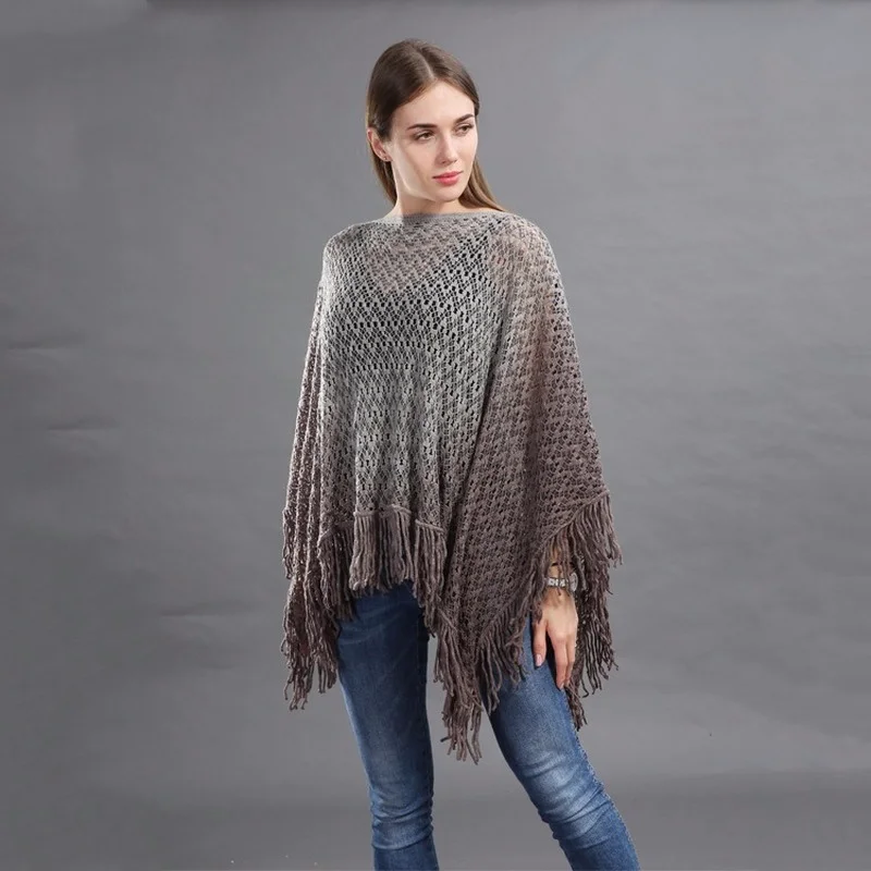 2024 Hot Sale Tassel Gradient Wave Pattern Women\'s Shawl Top Loose Plug Size Knitted Cape Ponchos Bat Sleeve Dropshipping