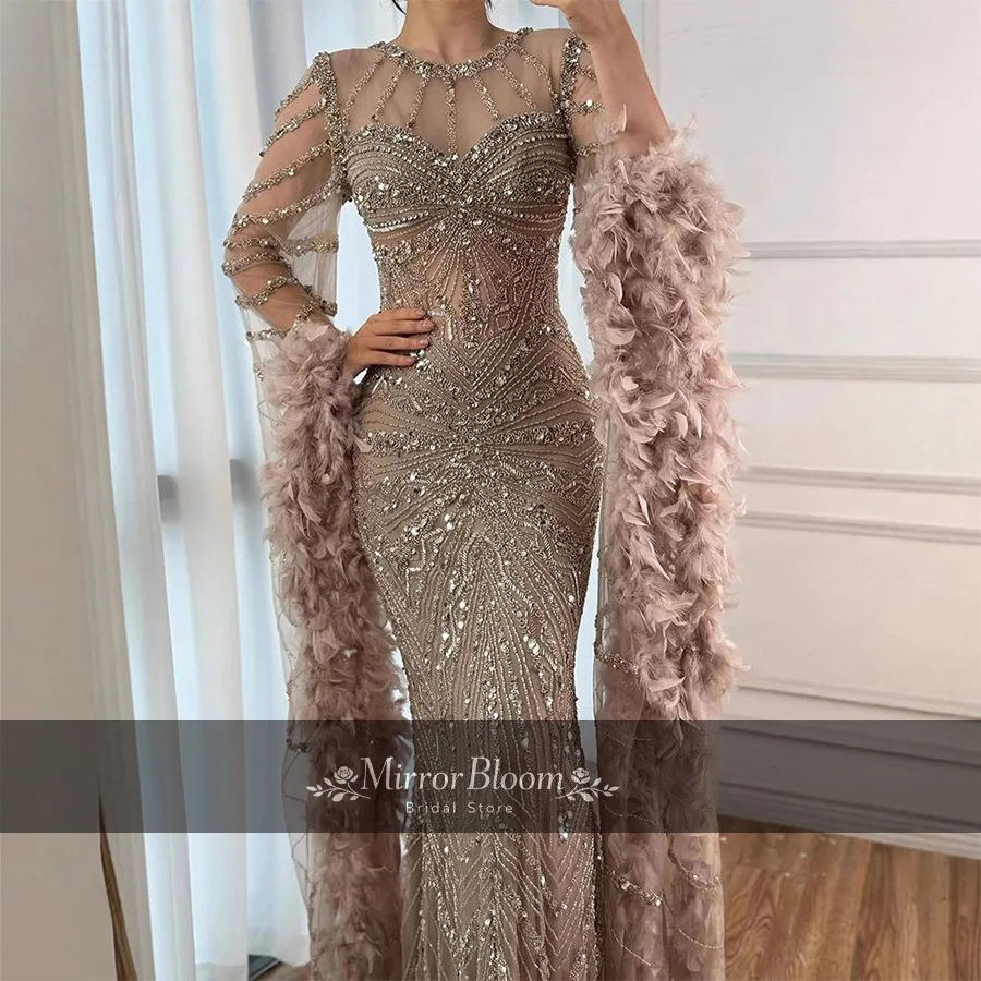 

Customized Pink Women Full Beaded Feather Long Sleeve O Neck Formal Prom Gown Luxury Evening Mermaid Lace Sequin Wedding Dresses