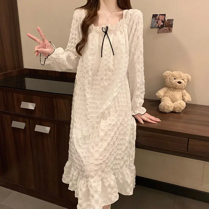 

Spring Long Nightdress Sexy Cute Pajamas with Chest Bow Pyjamas Solid Color Lacework Nightgown Square Collar Long Sleeve Nighty