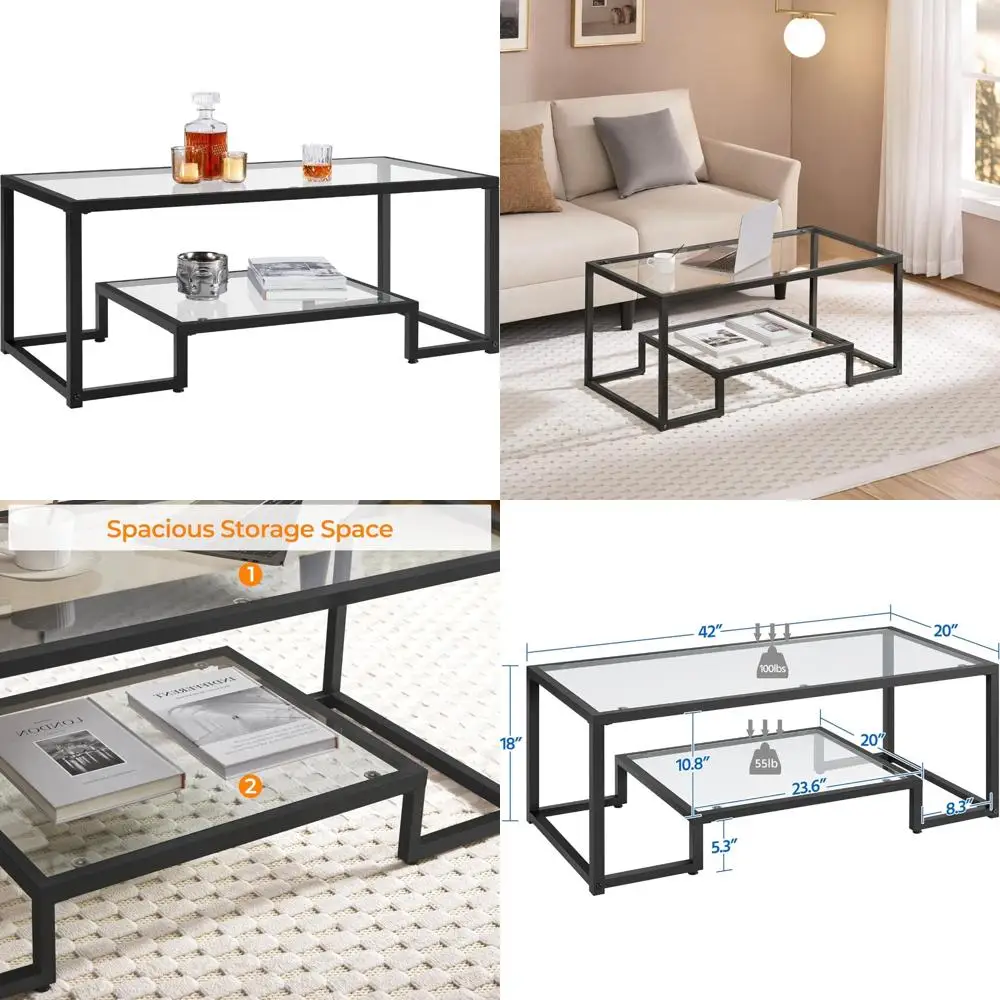 

Modern Geometric Metal Frame Coffee Table with Tempered Glass Top, Simple Center Table for Contemporary Living Spaces