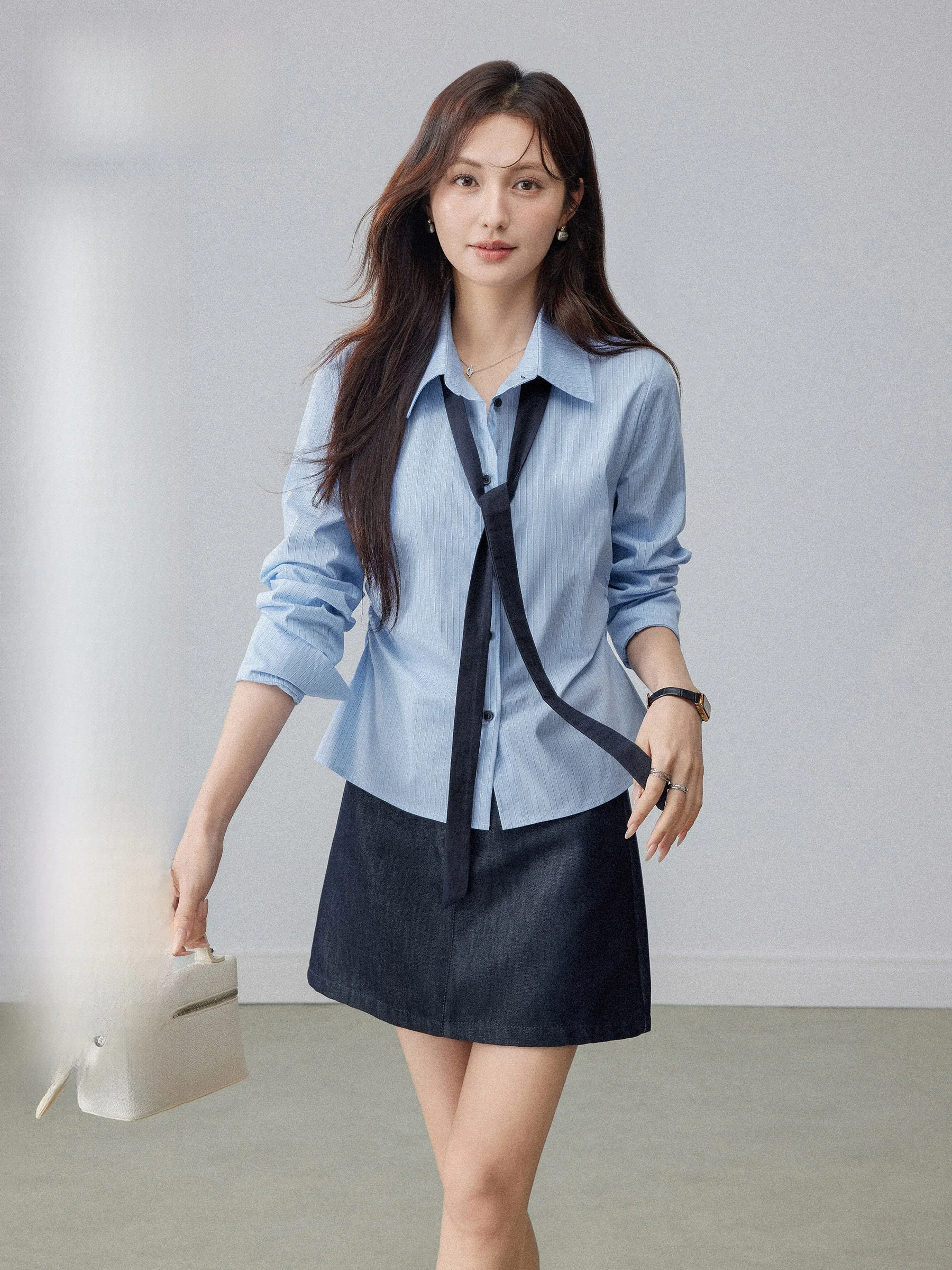 

Blue Striped Collar irt Women's Slim Fit Spring Casual Sle Long Sve Casual Sensation Special Exquisite Waist-Cut