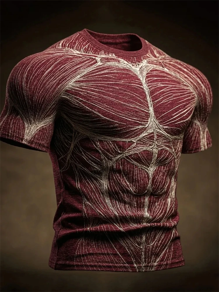 Men's Halloween Crew-Neck Short-Sleeve T-Shirt with Scary Human Muscles and Skeleton Print Perfect for Parties and Holidays