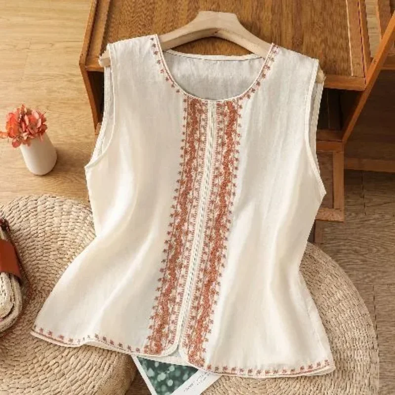 Retro Old Money Style Embroidered Linen Vest Women's Sleeveless Summer Cotton and Linen Bottoming Shirt with Top