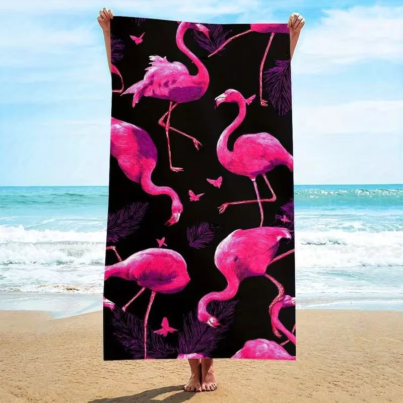 Black Base Hot Pink Flamingo Palm Leaf Beach Towel Sand Free Quick Dry Towel Retro Tropical Bird Print Summer Blanket