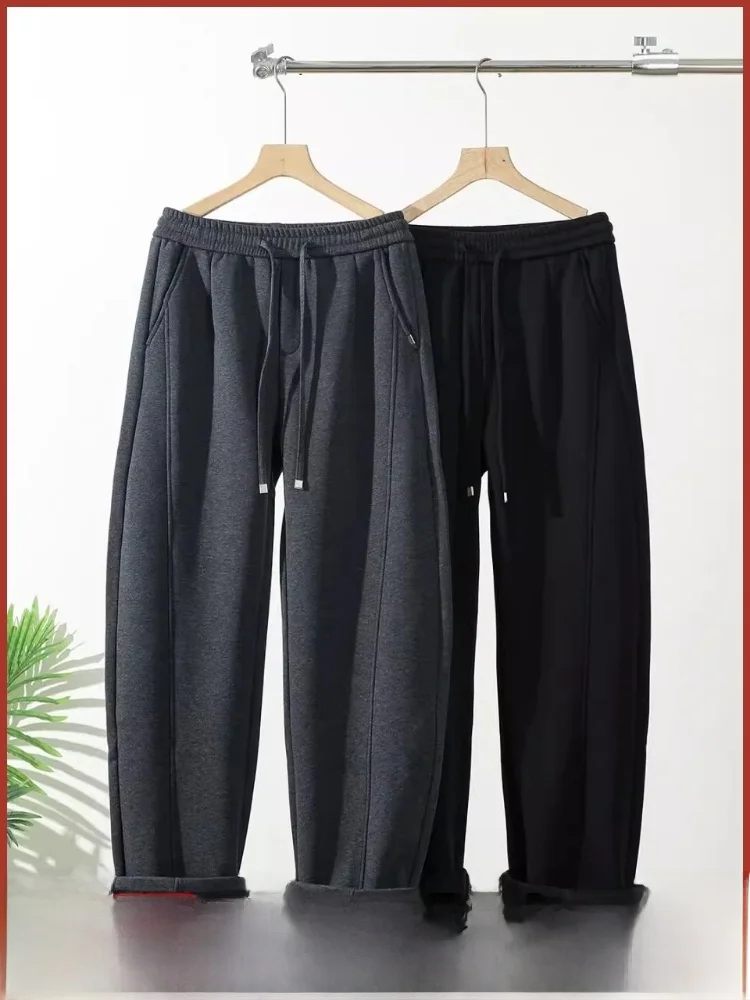 

High amage Fabric American Sle Casual Sports Sweatpants Men's Faion Winter Warm Fce Lined Knife Cut Pants