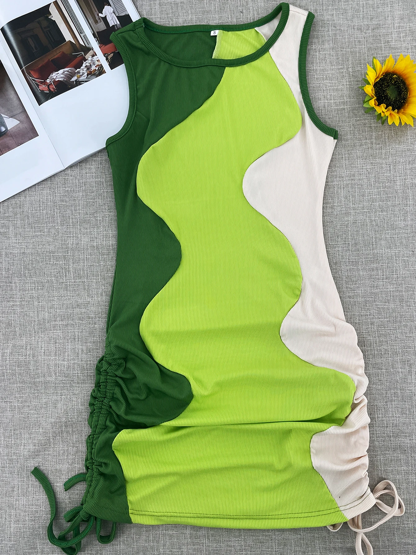 Elegancka damska sukienka plażowa ze sznurkiem Patchwork Green Bodycon 2024 Summer Slim Sleeveless Sexy Dresses Chic Y2k Clothes