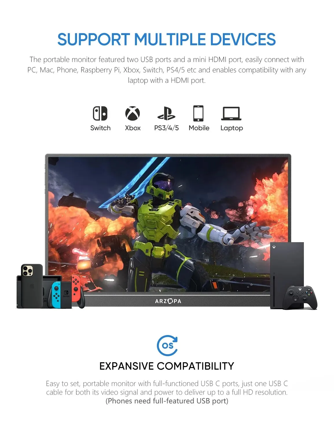 ARZOPA 16.1 ''144Hz 1080P FHD Portable Gaming Monitor HDR Segunda Tela Externa para Switch, Xbox, PS5,Laptop,PC,Mac, Framboesa