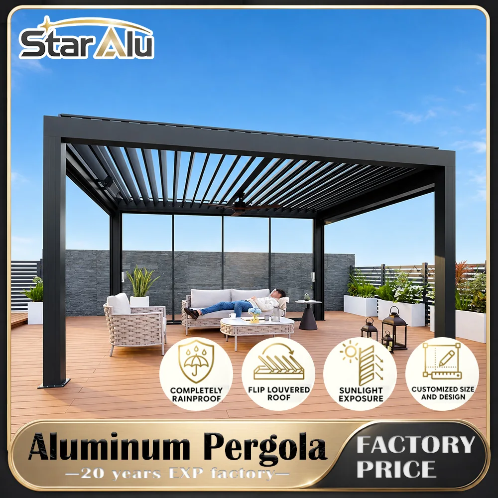 Bioclimatic Aluminum Motorized Louvered Pergola Glass Sliding Waterproof Electric Gazebo Patio Garden Outdoor Sunshade Custom