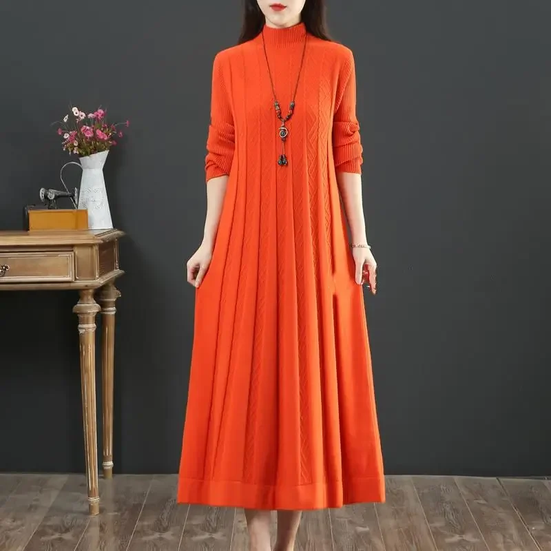 

Oversize Women Long Dress for Autumn Winter Vertical Grain Wave Half High Collar Pullover Slim Bottom Sweater Lady Dresses CY3