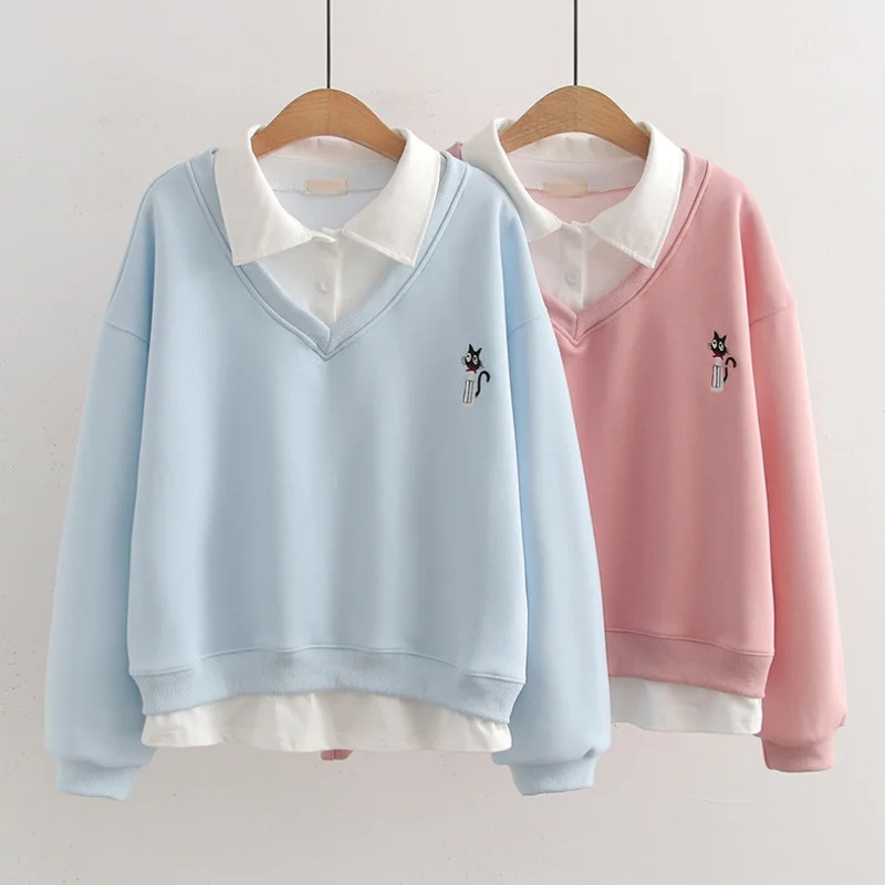

Японский Harajuku консервативный стиль с вышивкой кота, искусственный пуловер из двух предметов, толстовка с капюшоном, женские осенние повседневные топы с воротником-поло и длинными рукавами
