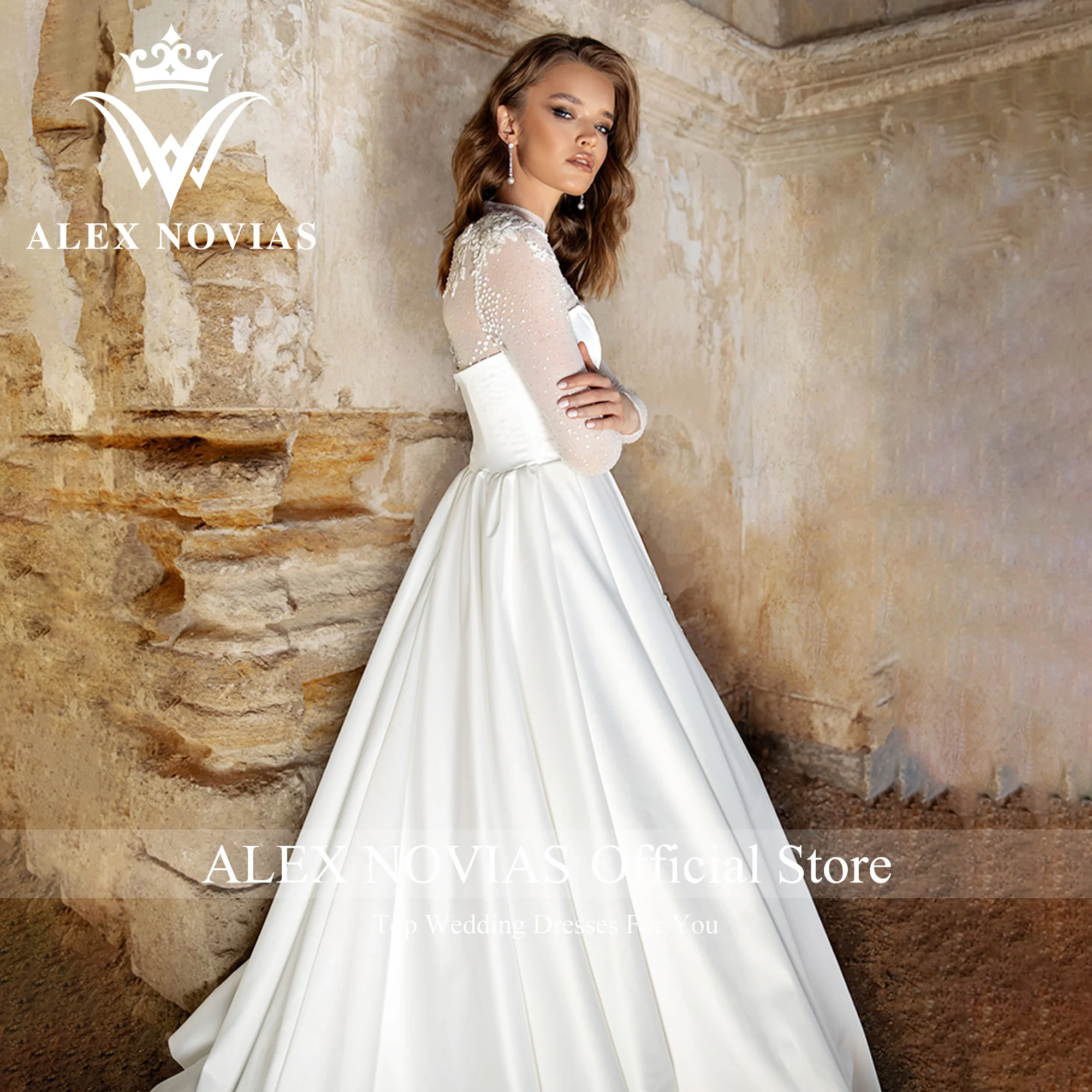 ALEX novias ชุดแต่งงานแขนยาวผ้าซาติน2023สูงโรแมนติก appliques ภาพลวงตา A-Line ชุดเจ้าสาว vestidos novias de saten