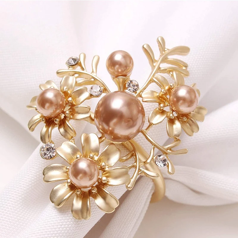 12 Pcs Wedding Holiday Gold Napkin Rings With Flowers Pearl Leaves Rhinestone Napkin Ring Party Decor For Dinner,Etc