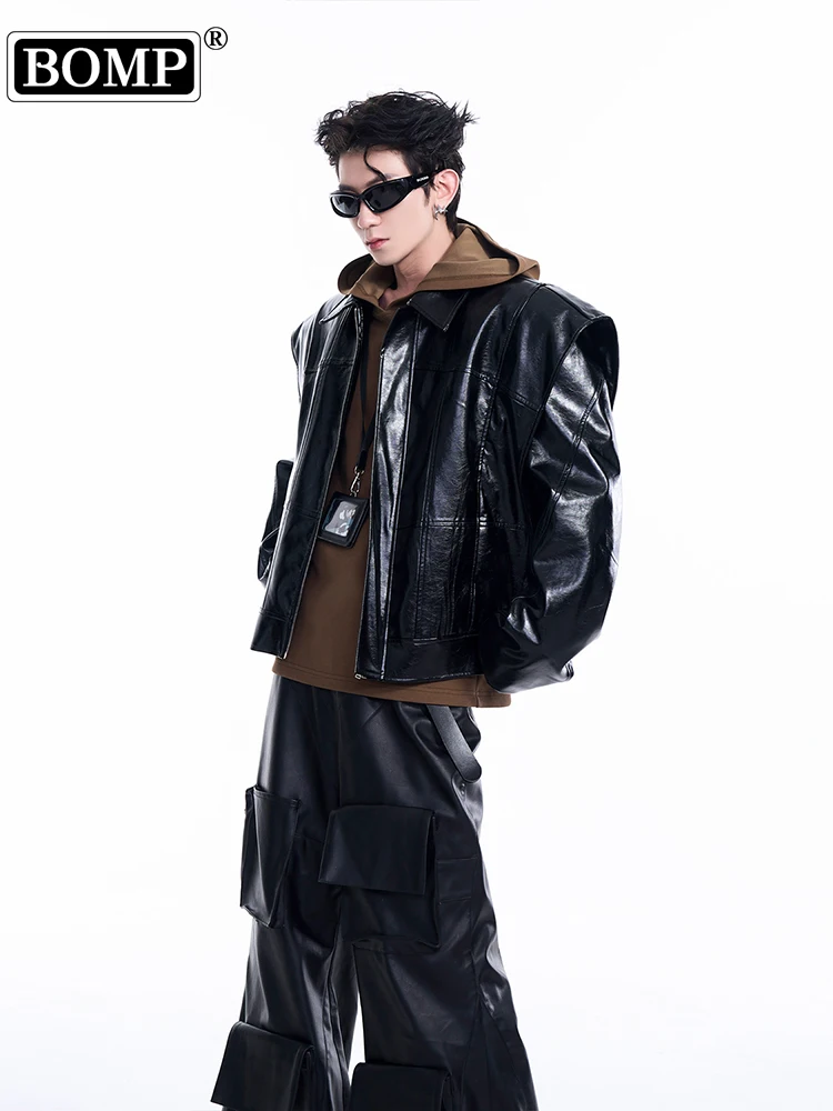 High End Short PU Leather Motorcycle Shoulder Cushion Jacket For Men's Autumn Winter, Sleek Handsome