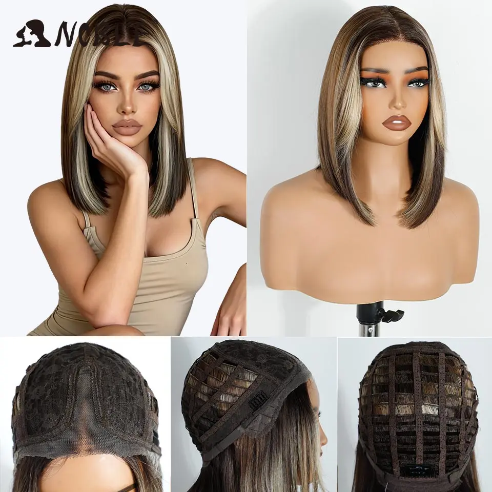 Edle, synthetische Perücken mit Spitze am Vorderteil für Damen, 30 cm lang, vorgezupft, vorgekämmt, Ombré-Farbverlauf von Braun zu Blond, glattes, gestuftes Bob-Modell, Cosplay-Perücke. – Detail 6